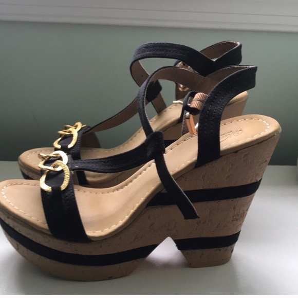 Cork Ankle T-strap Striped Wedges - Picture 3 of 5